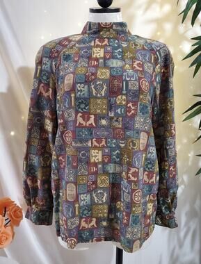 Silks VTG 80s 90s Egyptian Hieroglyph Long Sleeve Mock Blouse Womens Size M Top